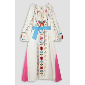 FARM Rio White Maxi Dress with Pink Panels and Blue Waist Sash